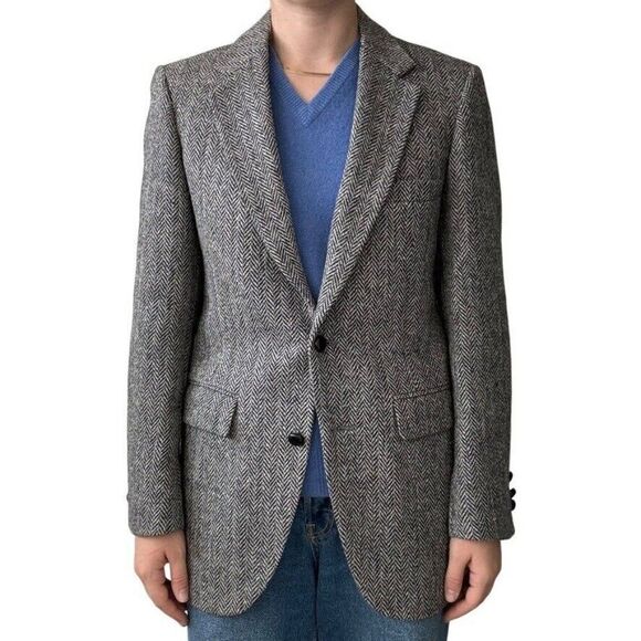 Vintage Mens Harris Tweed Black Gray Chevron Wool Preppy Sport Coat Blazer 36R - Picture 3 of 10